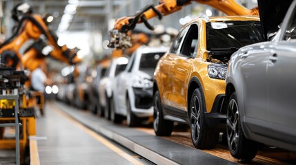 Poster - Robotic arms efficiently assemble vehicles on a dynamic production line within a high-tech factory