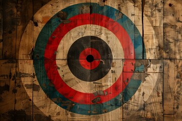 Poster - Colorful target painted on grunge wooden wall showing textured background ideal for concepts related to business and marketing