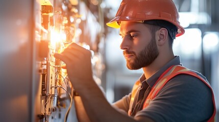 Poster - Electrician working on control panel in industrial setting during day shift