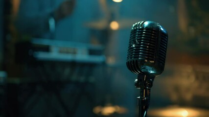 Poster - A close-up shot of a microphone on its stand, ready for use