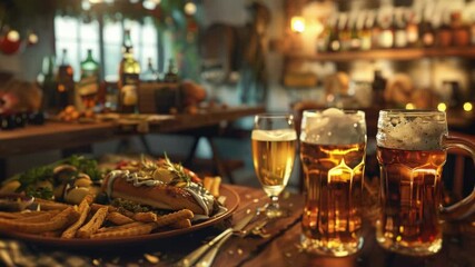 Poster - A wooden table set with a plate of food and glasses of beer, ideal for casual gatherings or parties