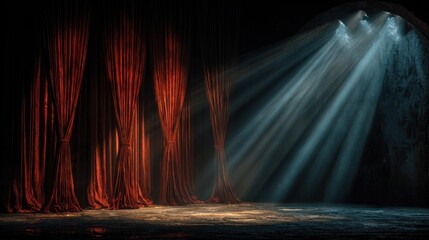Aufkleber - Stage with red curtains in spotlight beams showing performance area for actors and performers in a dark theater