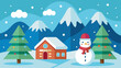 © skcpdesign - Charming winter landscape with a cozy cabin a cheerful snowman and decorated christmas trees under a snowy sky with mountains
