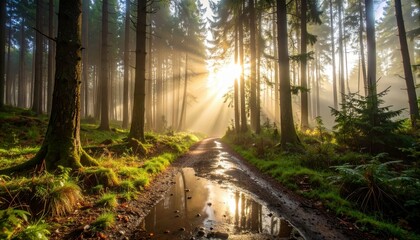 Poster - Serene Morning Light Through Foggy Forest Trail at Dawn