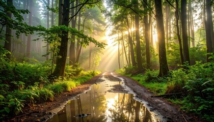 Poster - Serene Forest Trail with Morning Fog and Soft Light Reflections