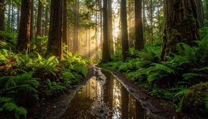 Poster - Tranquil Forest Trail with Puddle and Soft Dawn Light Beams