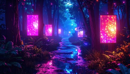 Poster - Enchanted Forest Trail with Neon Posters and Reflection in Puddle