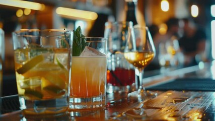 Aufkleber - A row of glasses filled with drinks sitting on a bar counter