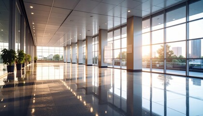 Poster - Serene Atrium at Dawn with Soft Light on Polished Floor