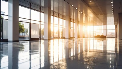 Poster - Sunlight Reflecting on Wet Floor in Spacious Modern Atrium
