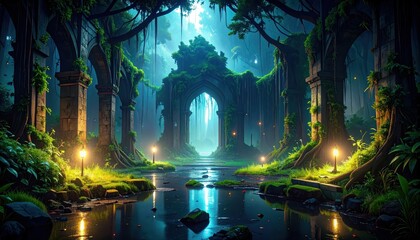 Poster - Mystical Overgrown Ruins Surrounded by Rain-Blurred Puddles and Lights