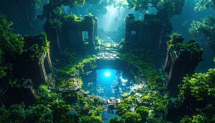 Poster - Overgrown Ruins Surrounded by Water and Lush Greenery with Droplets