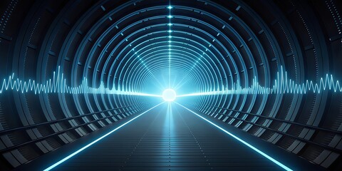Poster - A futuristic tunnel illuminated by blue neon lights with a glowing central point and a waveform pattern running across its length.