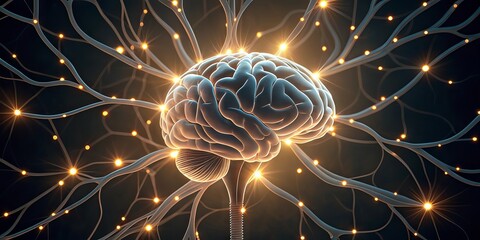 Poster - A digital illustration of a brain with glowing neural connections, symbolizing brain activity and complex neural networks.