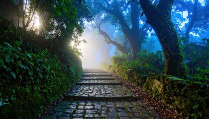 Poster - Enchanted Rainforest Alley at Twilight with Mist and Soft Halos