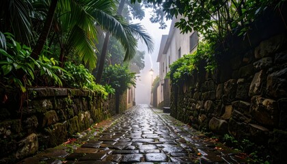 Poster - Rainforest Alley with Mist and Wet Cobblestones in Soft Light