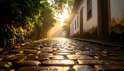 Poster - Misty Rainforest Alley with Cobblestones at Dawn Light