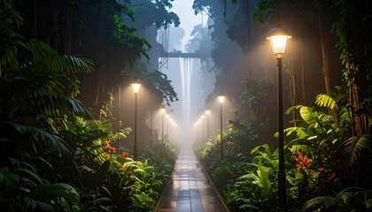 Poster - Enchanted Rainforest Alley with Mist and Amber Street Lamps