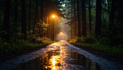 Poster - Rain-Kissed Forest Trail with Amber Street Lamp and Reflective Puddles