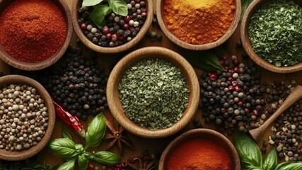 Poster - Assortment of spices displayed in wooden bowls on a table, perfect for use in cooking or as a decorative element