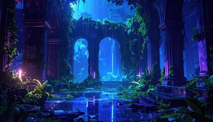 Poster - Mystical Twilight Ruins with Blue Neon Reflections and Overgrowth