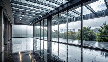 Poster - Contemporary Atrium with Rainy View and Dripping Glass Windows