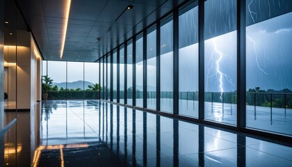 Poster - Rainstorm in Modern Atrium with Lightning and Glass Walls