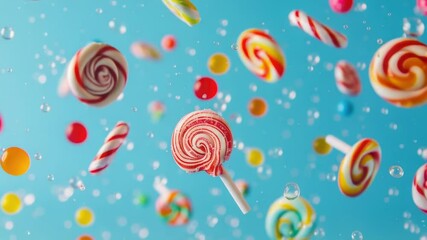 Poster - Colorful lollipops suspended in mid-air, perfect for confectionery or whimsical designs