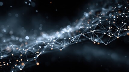 Poster - Abstract network visualization with glowing dots and lines connecting across a dark blue space for data transfer and artificial intelligence