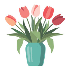 Poster - Minimalist flat illustration of a bouquet of flowers in a vase presented as a clean silhouette with vibrant color accents and elegant lines