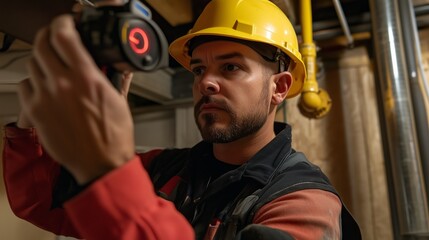Poster - Electrician performs maintenance check in industrial facility during daylight hours