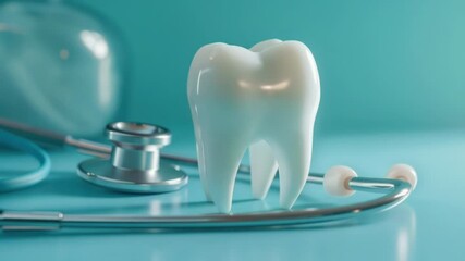 Poster - A tooth and a stethoscope on a table, used in medical examinations