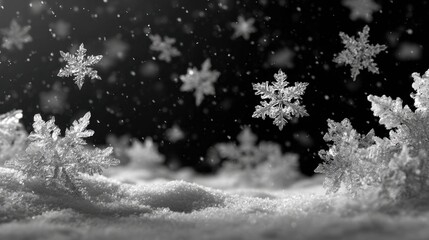 Poster - Winter wonderland snowfall with glowing snowflakes falling on dark night background with snow covered ground