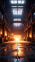 Poster - Vast Interior of a Warehouse with Rusty Metal and Glowing Light