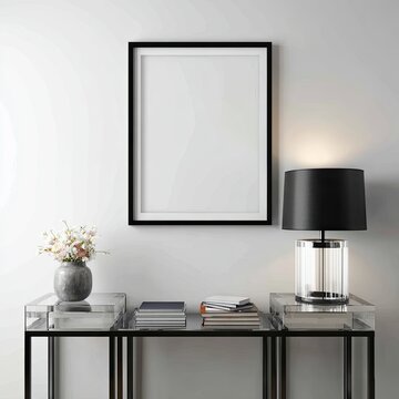 Blank framed art piece on a console table
