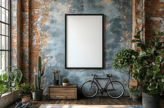 Blank Frame in a Stylish Loft Interior with Exposed Brick and Green Plants for Custom Art