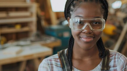 Poster - A woman is working in a workshop while wearing safety goggles, suitable for use in industry or education images
