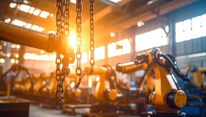 Poster - Rusty Chains and Steel Beams in Warehouse with Robot Arms at Sunset
