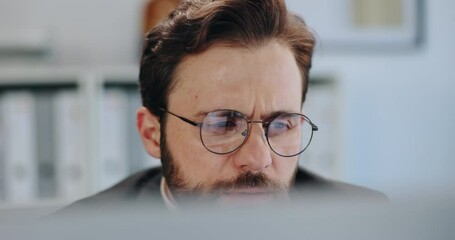 Poster - Business, glasses and man with laptop, online reading and problem solving with news report. Person, journalist and employee with eyewear, editing and reflection with email and research for article