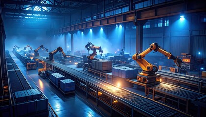 Poster - Futuristic Warehouse with Robots Under Blue Moonlight Mist