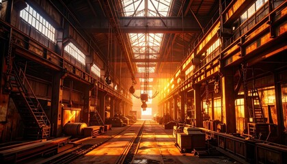 Poster - Stunning Golden Hour in a Rustic Steel Warehouse with Conveyors