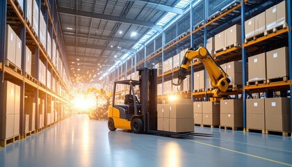 Poster - Dynamic Warehouse Scene with Forklift and Robotic Arms in Action