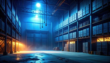 Poster - Mysterious Warehouse Under Blue Moonlight with Massive Chains and Shelves