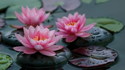 Poster - A group of pink water lilies float peacefully on the surface of a calm pond
