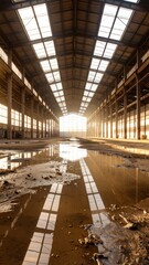 Poster - Serene Warehouse Interior With Soft Ambient Glow and Puddles