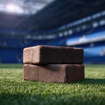 Two bricks on a grassy field in front of a stadium