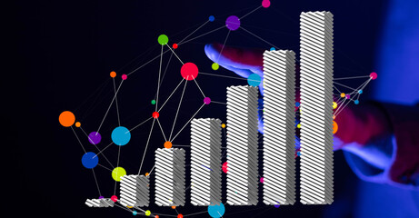 Poster - Stock photo of a hand interacting with a 3D bar chart, symbolizing growth and data analysis.