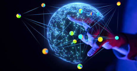 Aufkleber - Hand interacting with a digital globe, showcasing global network connections and data points.