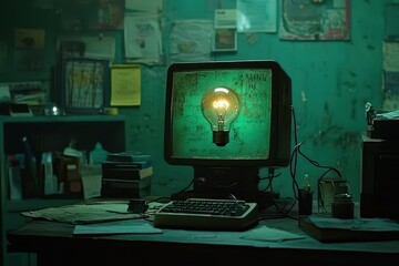 Leinwandbilder - Retro computer with a glowing lightbulb.