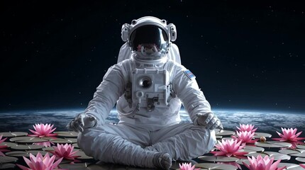 Wall Mural - Surreal concept of an astronaut meditating in deep space, surrounded by blooming lotus flowers.

